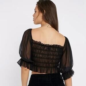 Urban Outfitters Black Puff Half Sleeve Mesh Smocked Ruffle Cropped Blouse Top L